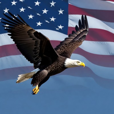 Bald Eagle Flying Over American Flag