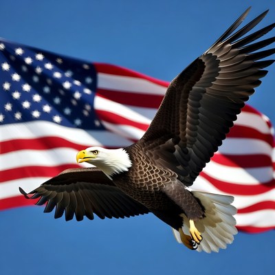 Bald Eagle Flying Over American Flag