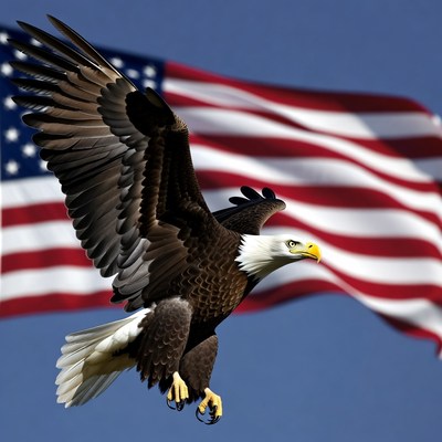 Bald Eagle Flying Over American Flag