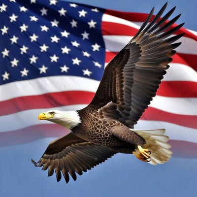 Bald Eagle Flying Over American Flag