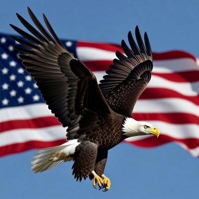 Bald eagle flying over American flag