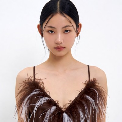 Asian woman in feathered dress