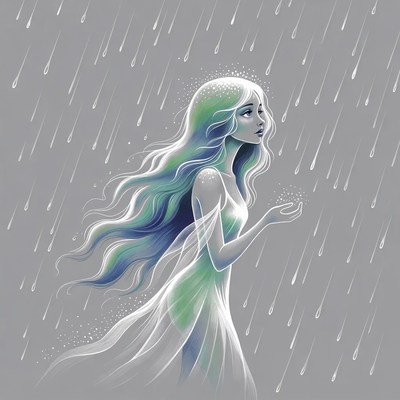Ethereal woman catching raindrops