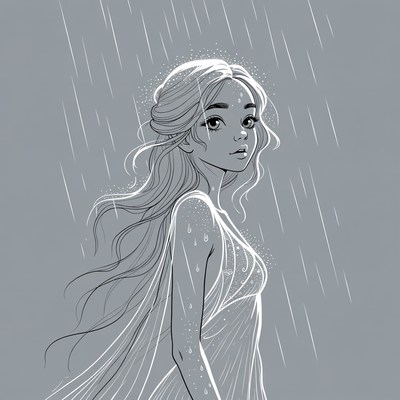 Woman standing in rain illustration