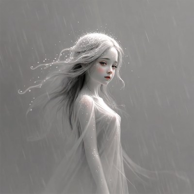 Ethereal girl in white rain