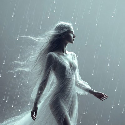 Ethereal woman in rain with flowing white hair