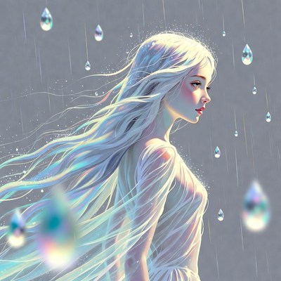 Woman with long white hair in rain