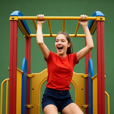 Girl hanging on playground monkey bars