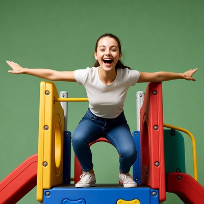 Girl jumping on colorful playground equipment