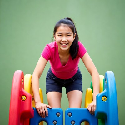 Asian girl climbing colorful playground equipment