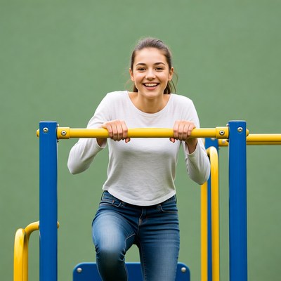 Girl smiling on playground monkey bars