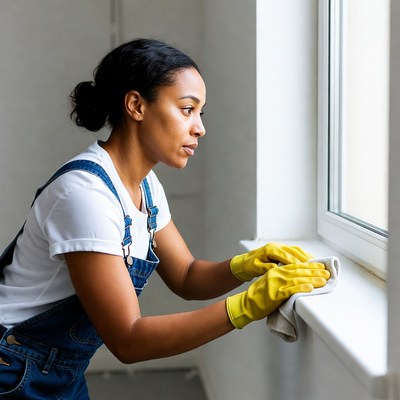 African-American woman cleaning window