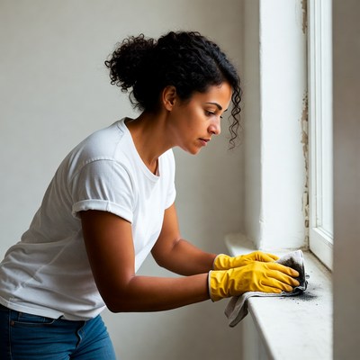 African-American woman cleaning window sill