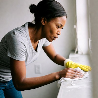 African-American woman cleaning window