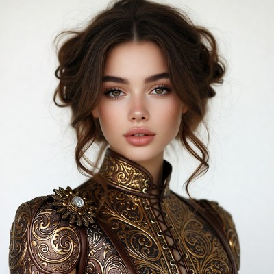 Woman in ornate gold Victorian gown