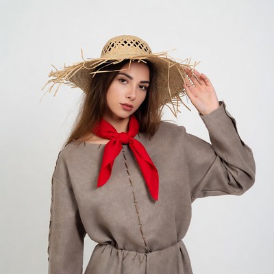 Woman wearing straw hat and red scarf