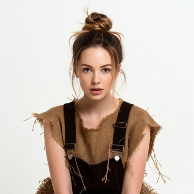 Woman in fringed brown overalls