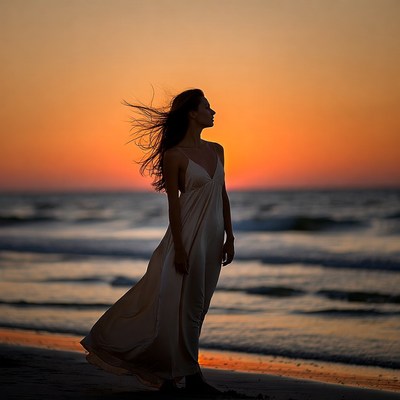 Woman in flowing dress at sunset beach