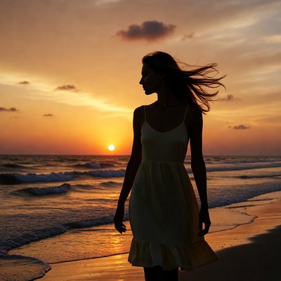 Silhouette woman walking beach sunset