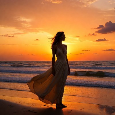 Woman in flowing dress at sunset beach