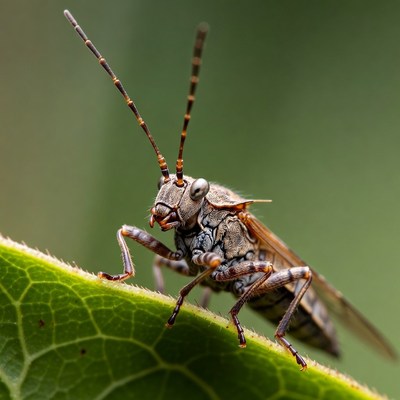 Grasshopper on green leaf