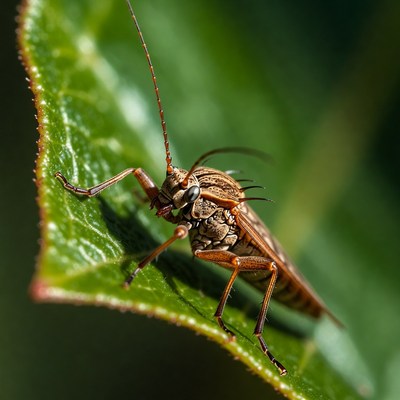 Bush cricket on green leaf