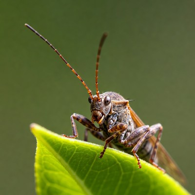 Grasshopper on green leaf