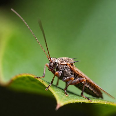 Bush cricket on green leaf