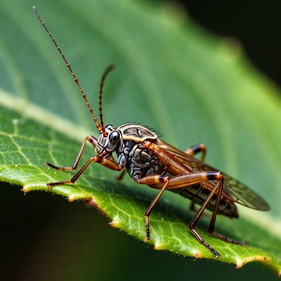 Long-horned grasshopper on green leaf