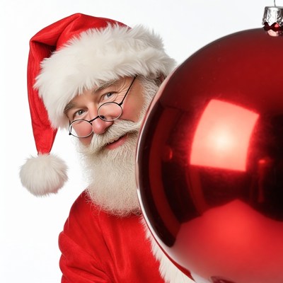 Santa Claus peeking behind red ornament