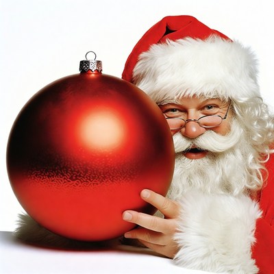 Santa Claus holding red Christmas ornament