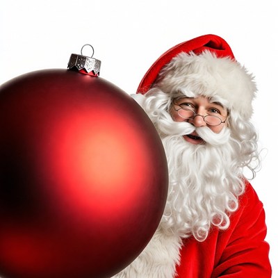Santa Claus holding large red ornament