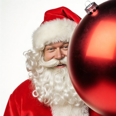 Smiling Santa peeking behind red ornament