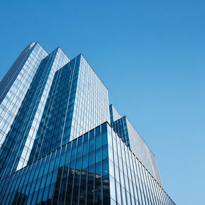 Modern Glass Skyscrapers Against Blue Sky