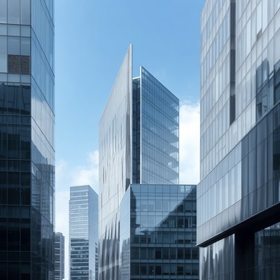 Modern glass skyscrapers under blue sky