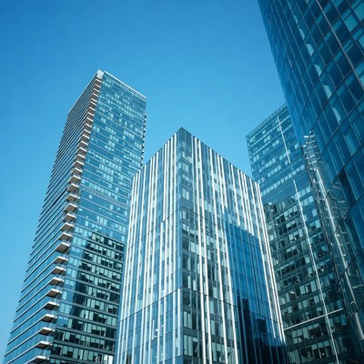 Modern glass skyscrapers against blue sky