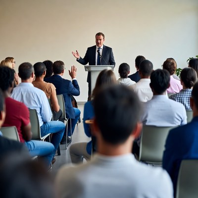 Man speaking at podium to audience