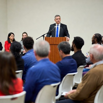 Man speaking at podium to audience