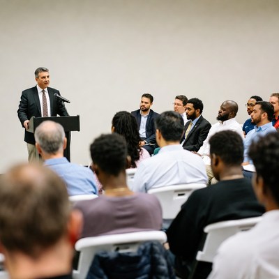 Man speaking at diverse audience meeting