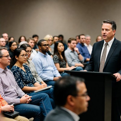 Man speaking at podium to audience