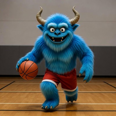 Blue furry monster dribbling basketball