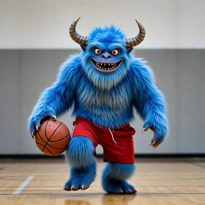 Blue furry monster holding basketball