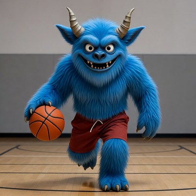 Blue furry demon holding basketball