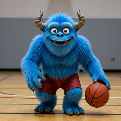 Blue furry monster holding basketball