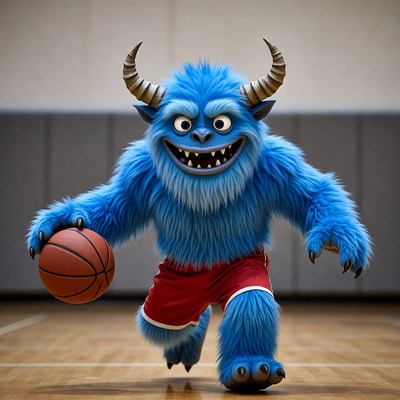 Blue furry monster dribbling basketball
