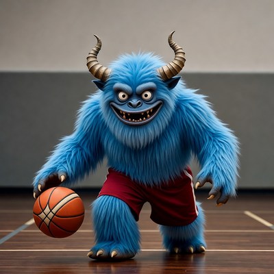 Blue furry monster holding basketball