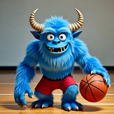 Blue furry monster holding basketball
