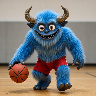 Blue furry monster dribbling basketball