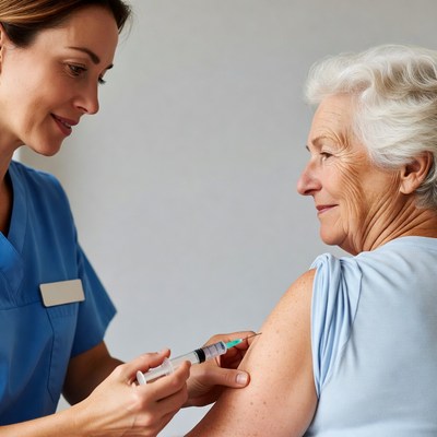 Nurse administering vaccine to elderly woman