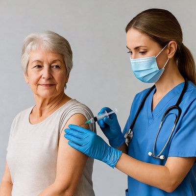 Nurse vaccinating elderly woman